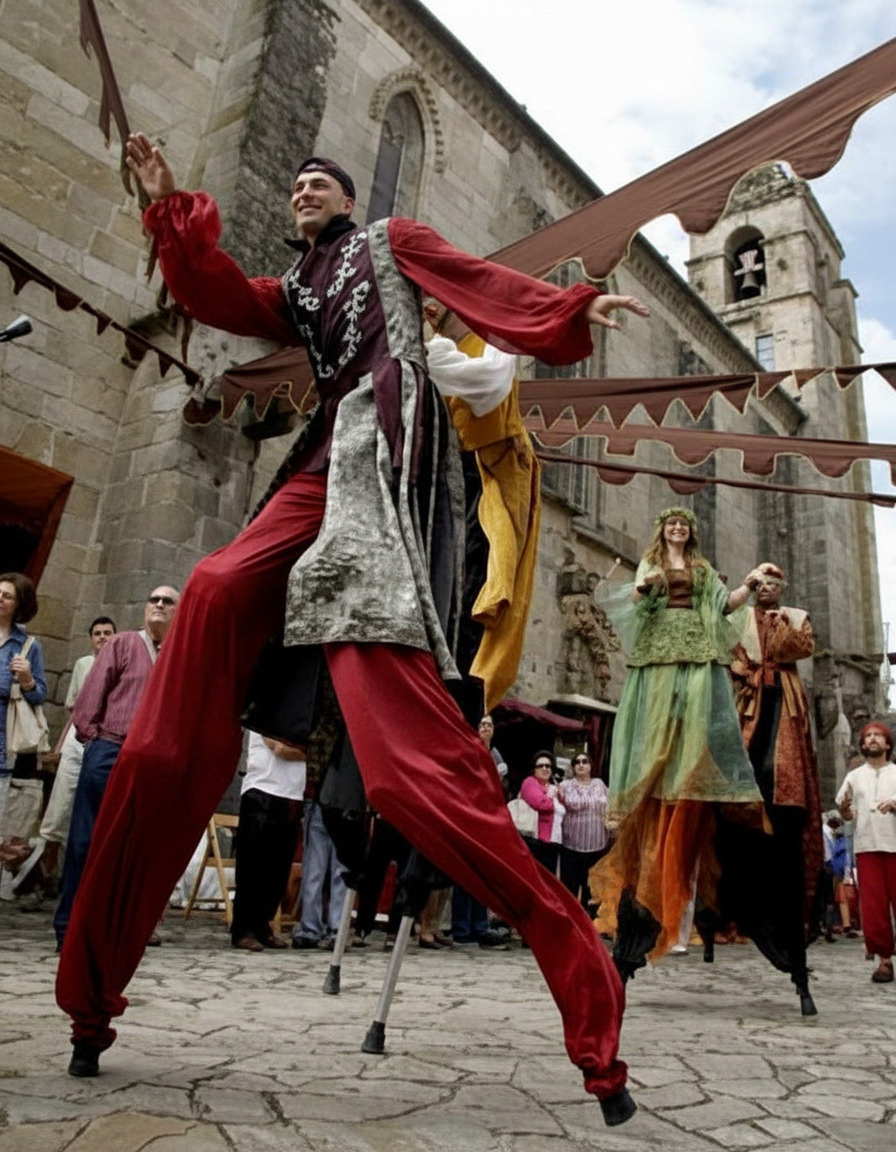 Zancudo con traje granate y gris danza con elegancia en una plaza empedrada.